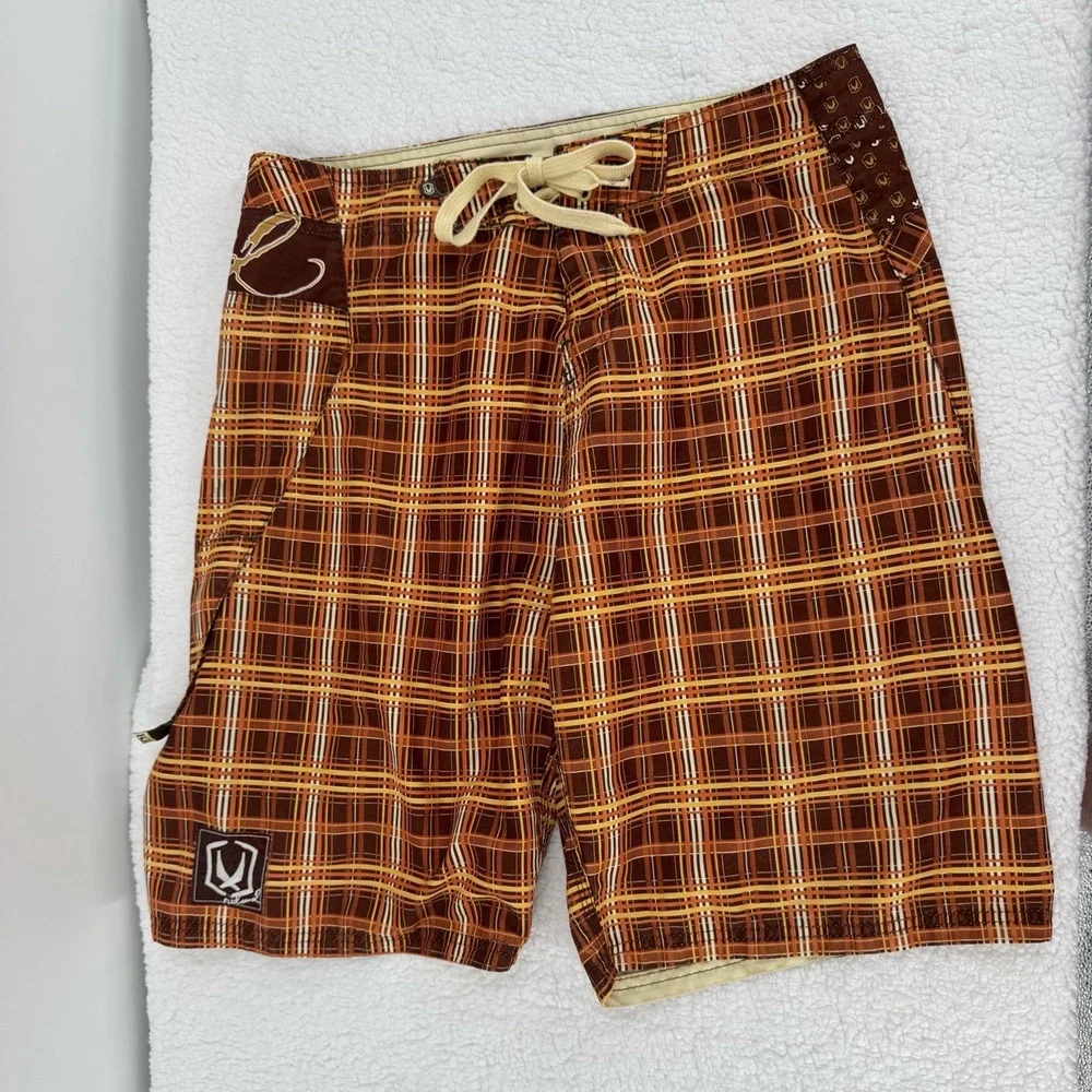 RedSand Brown Yellow‎ Orange Pattern Drawstring Closure Side Plaid Boardshorts